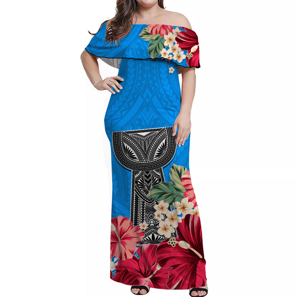 (Custom Personalised) Guam Chamorro Off Shoulder Long Dress Latte Stone Flowers Style Blue LT13 Women Blue - Polynesian Pride