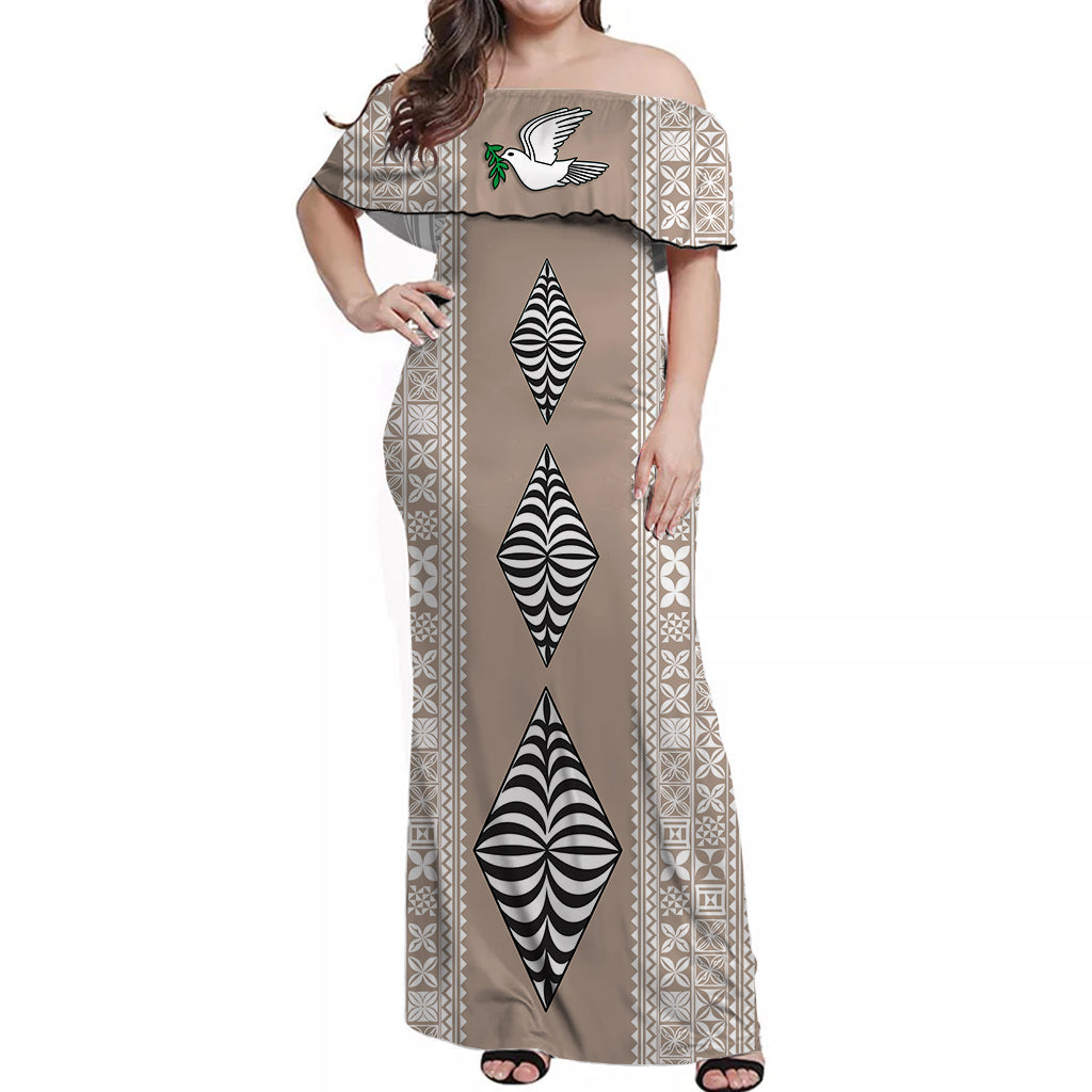 Tonga Rugby Off Shoulder Long Dress - Mate Ma'a Tonga Version Cream LT13 Women Cream - Polynesian Pride