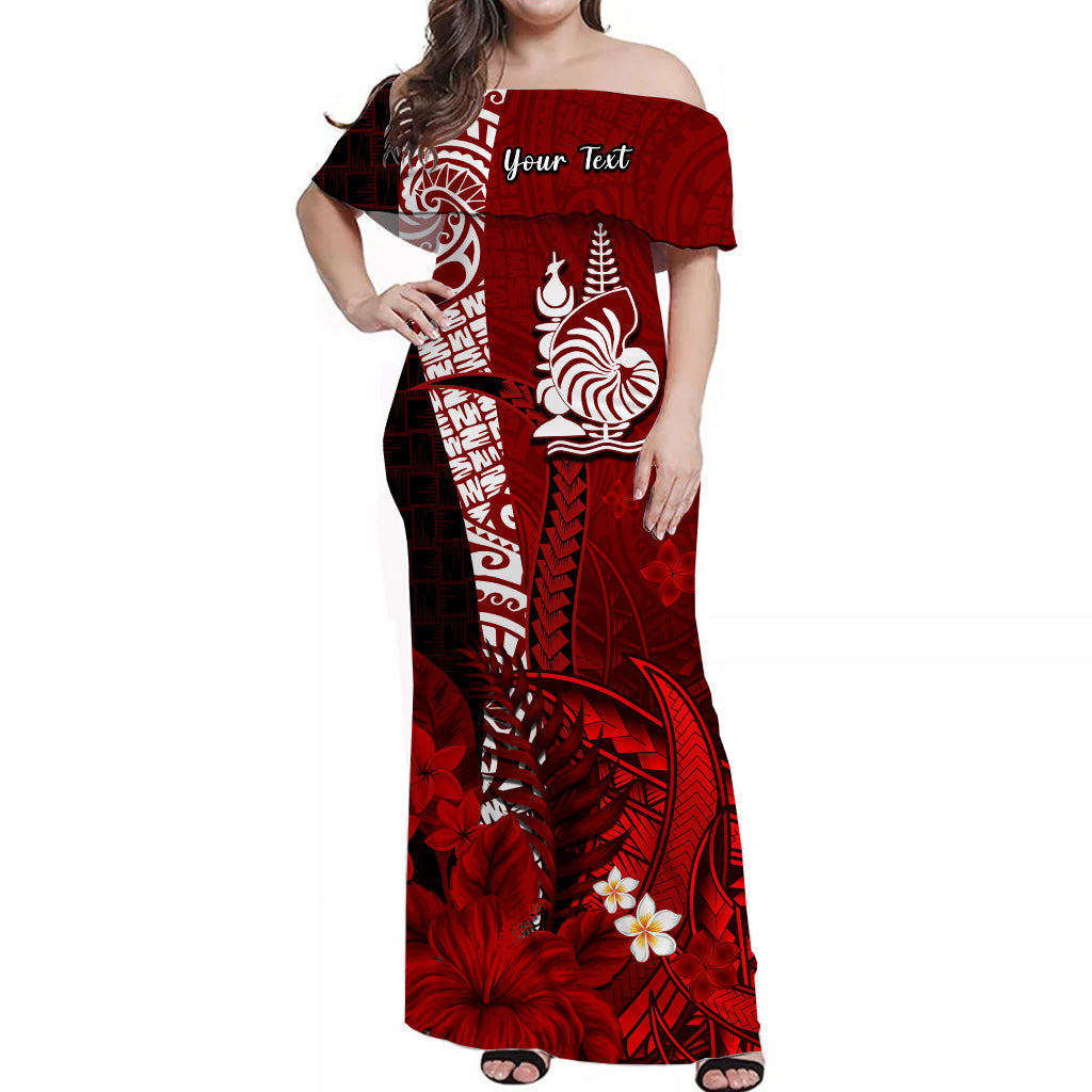 (Custom Personalised) New Caledonia Off Shoulder Long Dress Nautilus Red Polynesian Hibiscus LT13 Women Red - Polynesian Pride