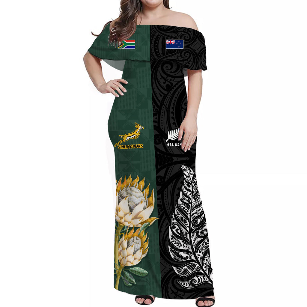 (Custom Personalised) South Africa Protea and New Zealand Fern Off Shoulder Long Dress Rugby Go Springboks vs All Black LT13 Women Art - Polynesian Pride