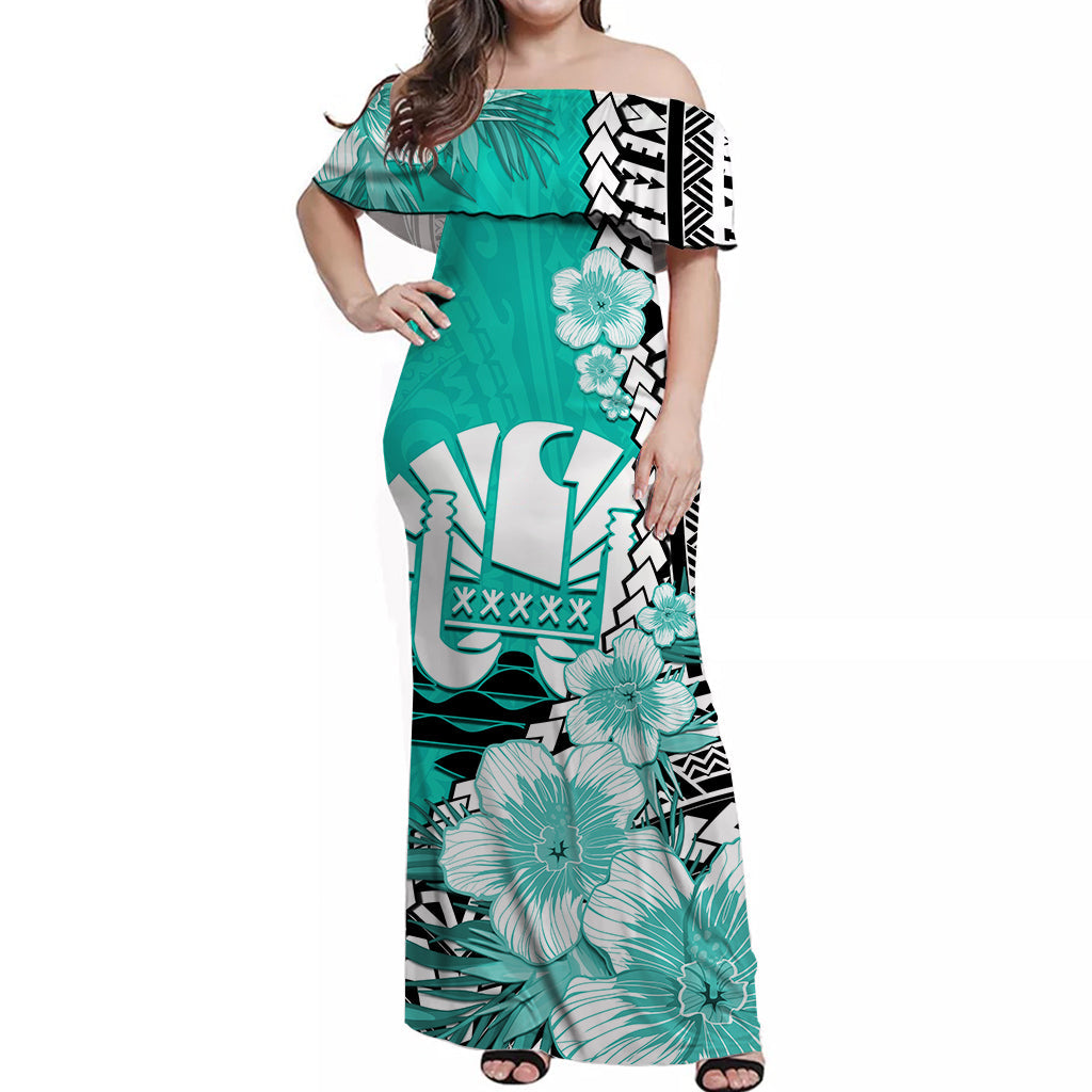 Tahiti Islands Off Shoulder Long Dress Polynesian Shark Mix Tropical Flowers Turquoise Style LT14 Women Turquoise - Polynesian Pride