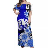 (Custom Personalised) Tahiti Islands Off Shoulder Long Dress Polynesian Shark Mix Tropical Flowers Blue Style LT14 Women Blue - Polynesian Pride