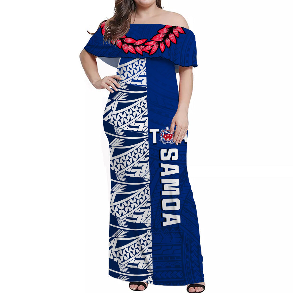 Toa Samoa Rugby Off Shoulder Long Dress Siamupini Ula Fala Blue LT13 Women Blue - Polynesian Pride