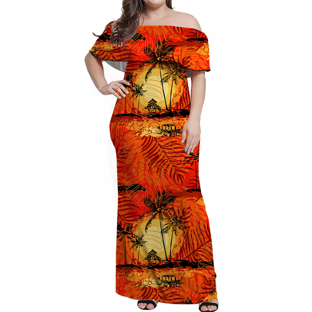 Hawaii Polynesian Off Shoulder Long Dress Beautiful Sunshine LT13 Women Orange - Polynesian Pride