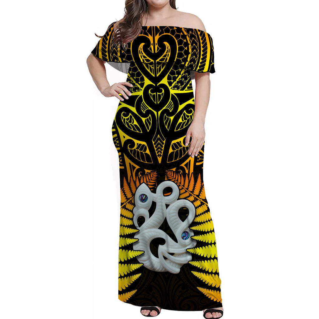 Aotearoa Fern Off Shoulder Long Dress New Zealand Hei Tiki Gold Style LT13 Women Gold - Polynesian Pride