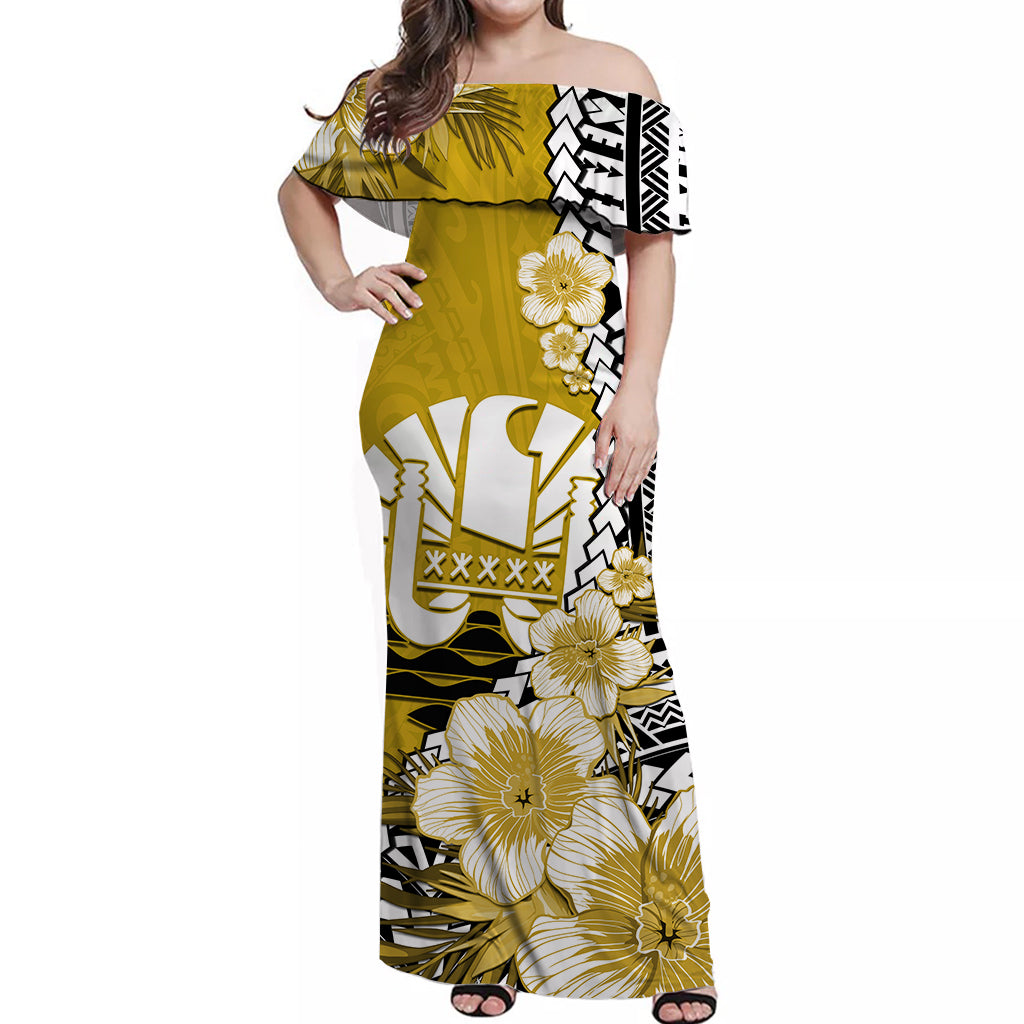 Tahiti Islands Off Shoulder Long Dress Polynesian Shark Mix Tropical Flowers Yellow Style LT14 Women Yellow - Polynesian Pride