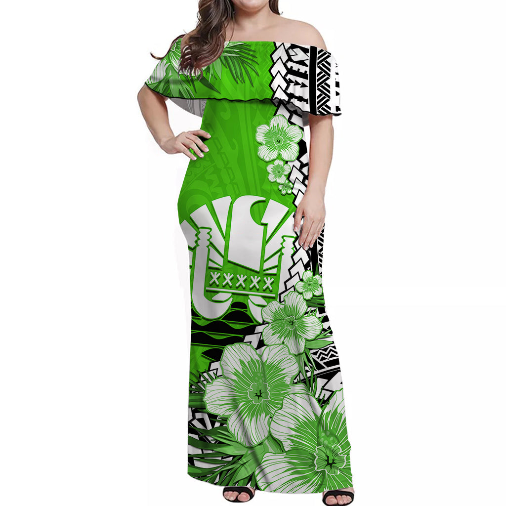 Tahiti Islands Off Shoulder Long Dress Polynesian Shark Mix Tropical Flowers Green Style LT14 Women Green - Polynesian Pride