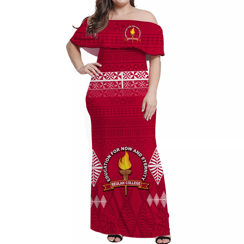 (Custom Text and Number) Beulah College Off Shoulder Long Dress Ngatu Pattern Tonga LT13 Women Maroon - Polynesian Pride