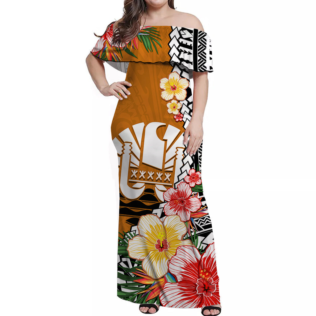 Tahiti Islands Off Shoulder Long Dress Polynesian Shark Mix Tropical Flowers Orange Style LT14 Women Orange - Polynesian Pride