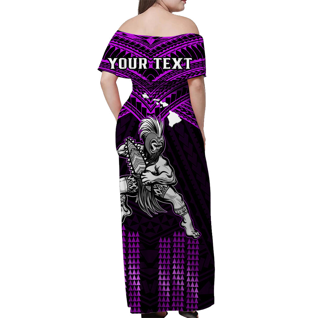(Custom Personalised) Hawaii Off Shoulder Long Dress Hawaiian Warrior With Weapon Polynesian Ver.04 LT14 - Polynesian Pride
