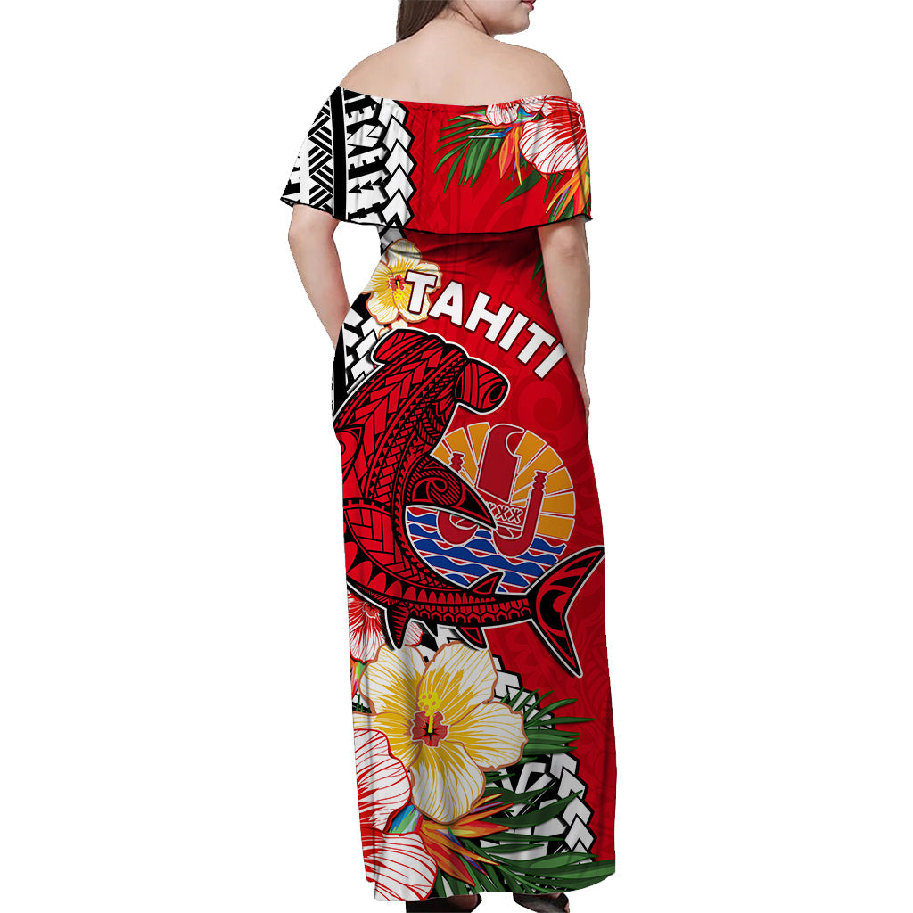 Tahiti Islands Off Shoulder Long Dress Polynesian Shark Mix Tropical Flowers Red Style LT14 - Polynesian Pride