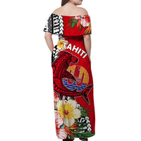 Tahiti Islands Off Shoulder Long Dress Polynesian Shark Mix Tropical Flowers Red Style LT14 - Polynesian Pride