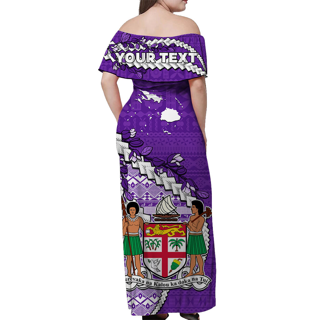 (Custom Personalised) Fiji Off Shoulder Long Dress Fijian Drua Mix Tagimaucia Flower Purple Style LT14 - Polynesian Pride