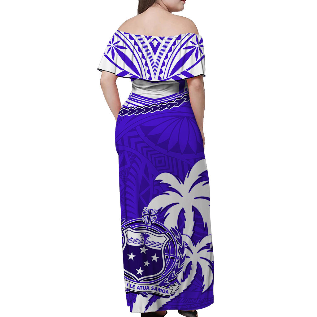 Samoa Off Shoulder Long Dress Samoan Coat Of Arms With Coconut Blue Style LT14 - Polynesian Pride