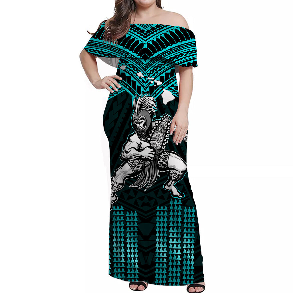 (Custom Personalised) Hawaii Off Shoulder Long Dress Hawaiian Warrior With Weapon Polynesian Ver.02 LT14 Women Turquoise - Polynesian Pride
