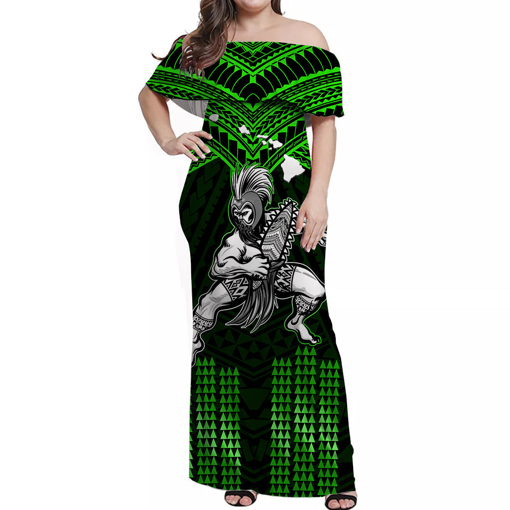 (Custom Personalised) Hawaii Off Shoulder Long Dress Hawaiian Warrior With Weapon Polynesian Ver.03 LT14 Women Green - Polynesian Pride