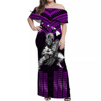 (Custom Personalised) Hawaii Off Shoulder Long Dress Hawaiian Warrior With Weapon Polynesian Ver.04 LT14 Women Purple - Polynesian Pride