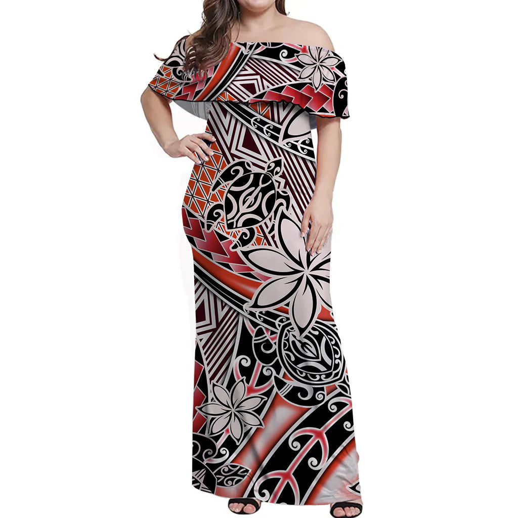 (Custom Personalised) Hawaii Off Shoulder Long Dress Tribal Plumeria With Polynesian Turtle Ver.03 LT14 Women Red - Polynesian Pride