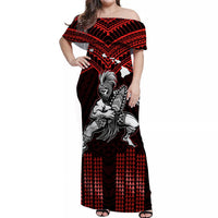 (Custom Personalised) Hawaii Off Shoulder Long Dress Hawaiian Warrior With Weapon Polynesian Ver.05 LT14 Women Red - Polynesian Pride