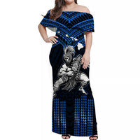 (Custom Personalised) Hawaii Off Shoulder Long Dress Hawaiian Warrior With Weapon Polynesian Ver.06 LT14 Women Blue - Polynesian Pride