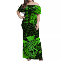 (Custom Personalised) Hawaii Off Shoulder Long Dress Kakau Kanaka Maoli Combine Polynesian Shark Ver.02 LT14 Women Green - Polynesian Pride