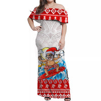 Custom Personalised Hawaii Christmas Off Shoulder Long Dress Surfing Santa Mele Kalikimaka Polynesian LT14 Women Red - Polynesian Pride