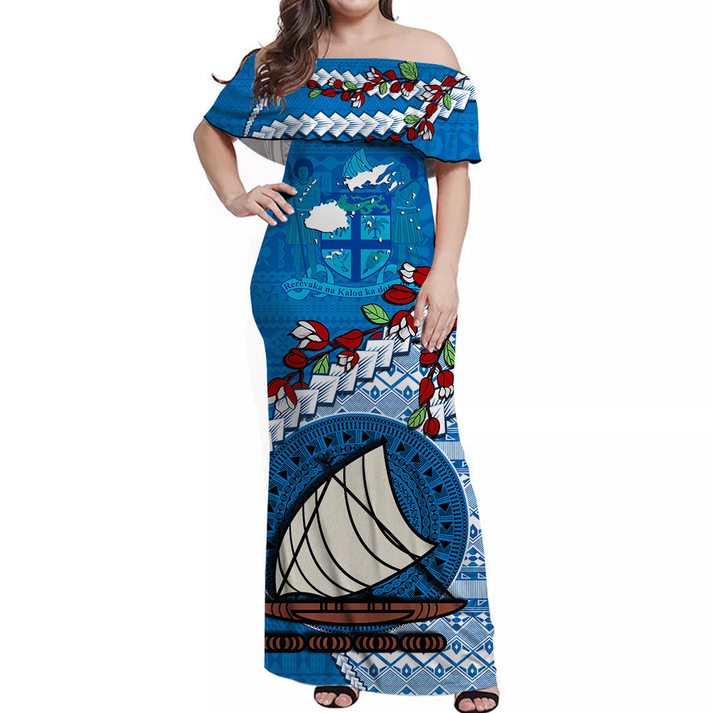 (Custom Personalised) Fiji Off Shoulder Long Dress Fijian Drua Mix Tagimaucia Flower Blue Style LT14 Women Blue - Polynesian Pride