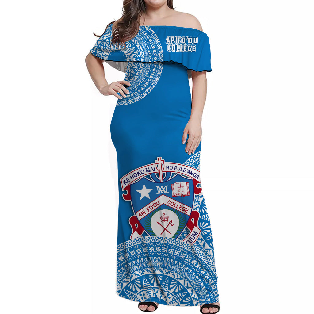 (Custom Personalised) Apifoou Tonga College Off Shoulder Long Dress Tongan Ngatu Pattern LT14 Women Blue - Polynesian Pride