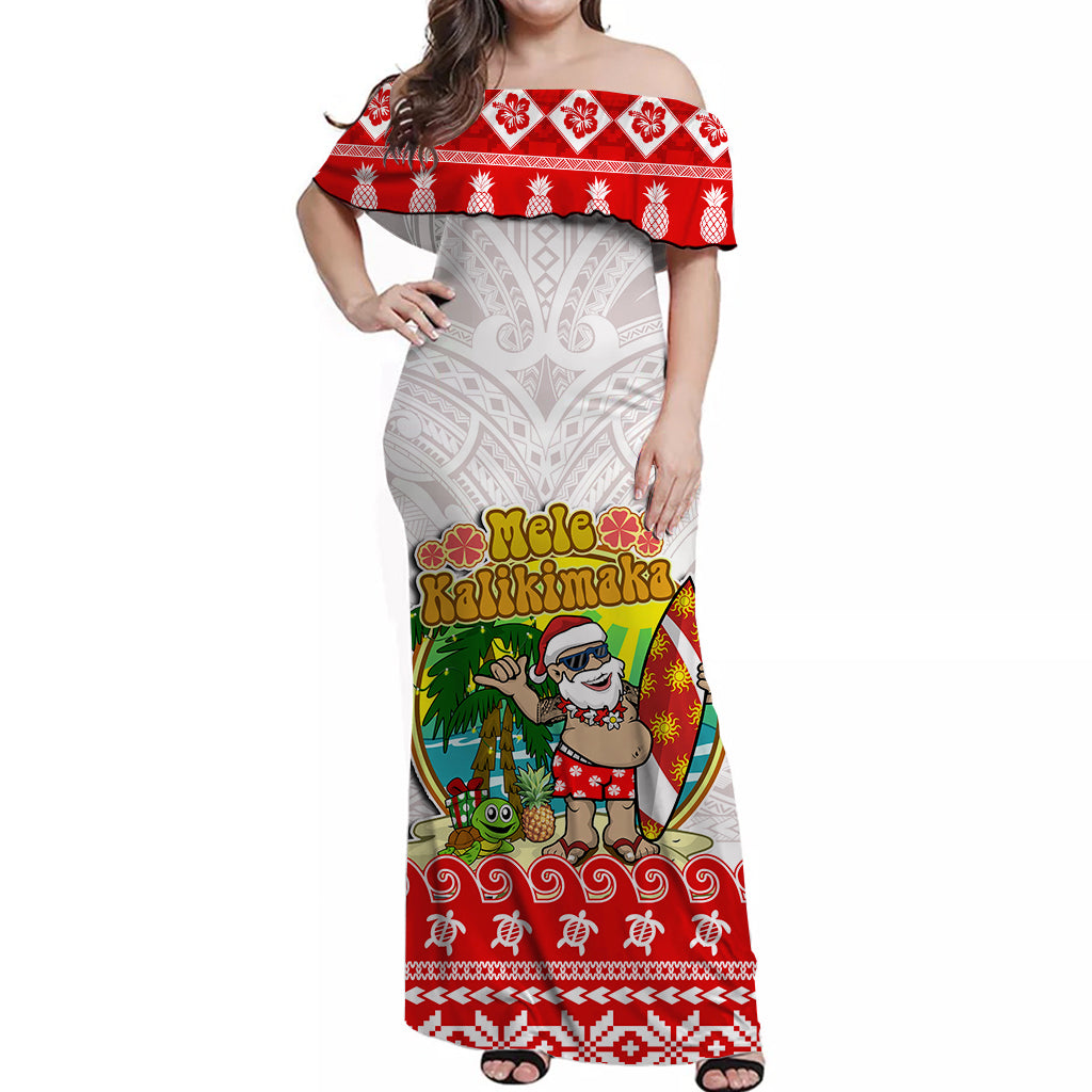 Custom Personalised Hawaii Christmas Off Shoulder Long Dress Kanaka Polynesian Santa Claus Mele Kalikimaka LT14 Women Red - Polynesian Pride