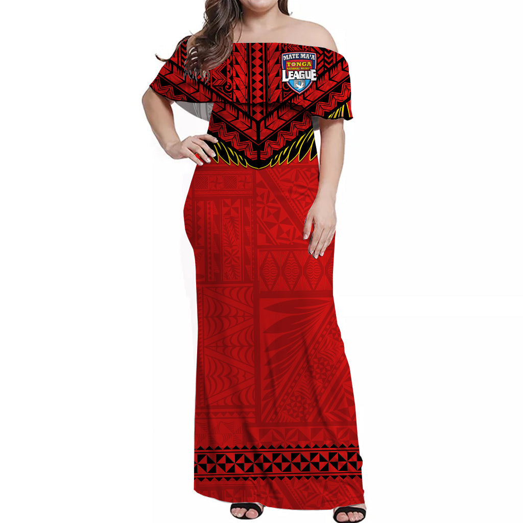 (Custom Text And Number) Tonga Rugby Off Shoulder Long Dress Mate Maa Tonga Pacific Ngatu Black LT14 Women Red - Polynesian Pride