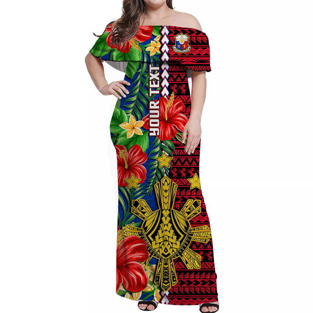 (Custom Personalised) Philippines Off Shoulder Long Dress Pilipinas Sun Mix Polynesian Pattern Ver.02 LT14 Women Red - Polynesian Pride