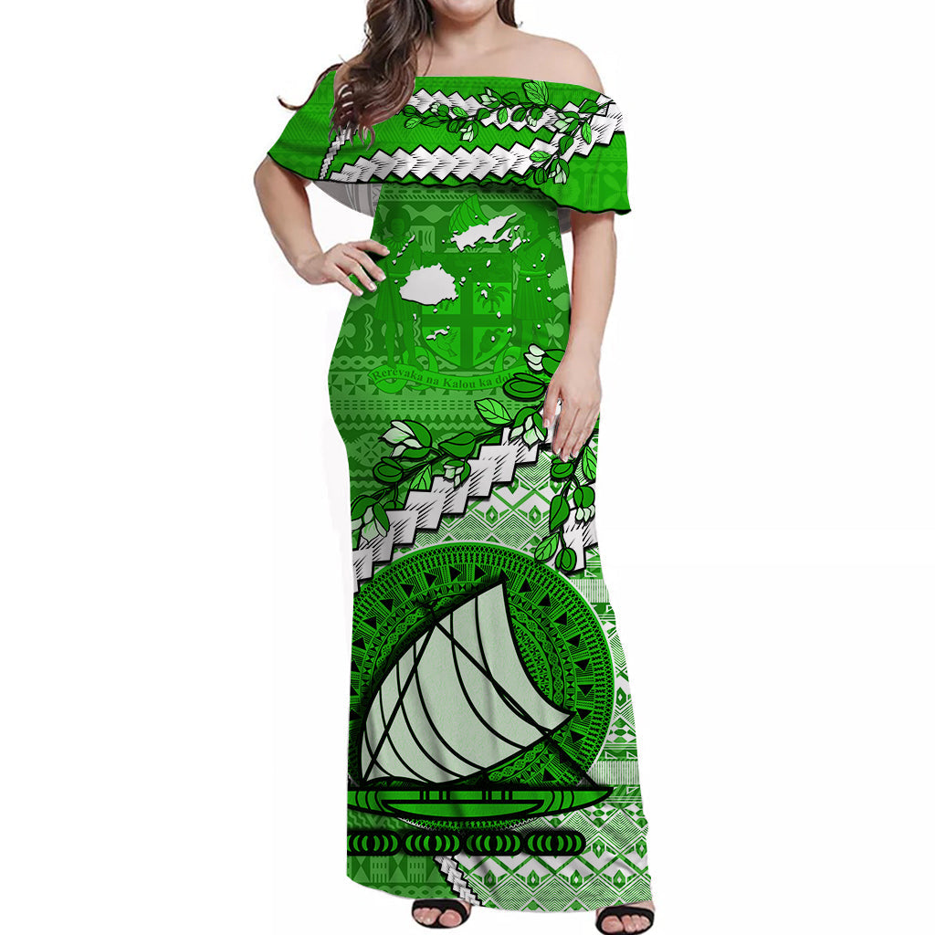 Fiji Off Shoulder Long Dress Fijian Drua Mix Tagimaucia Flower Green Style LT14 Women Green - Polynesian Pride