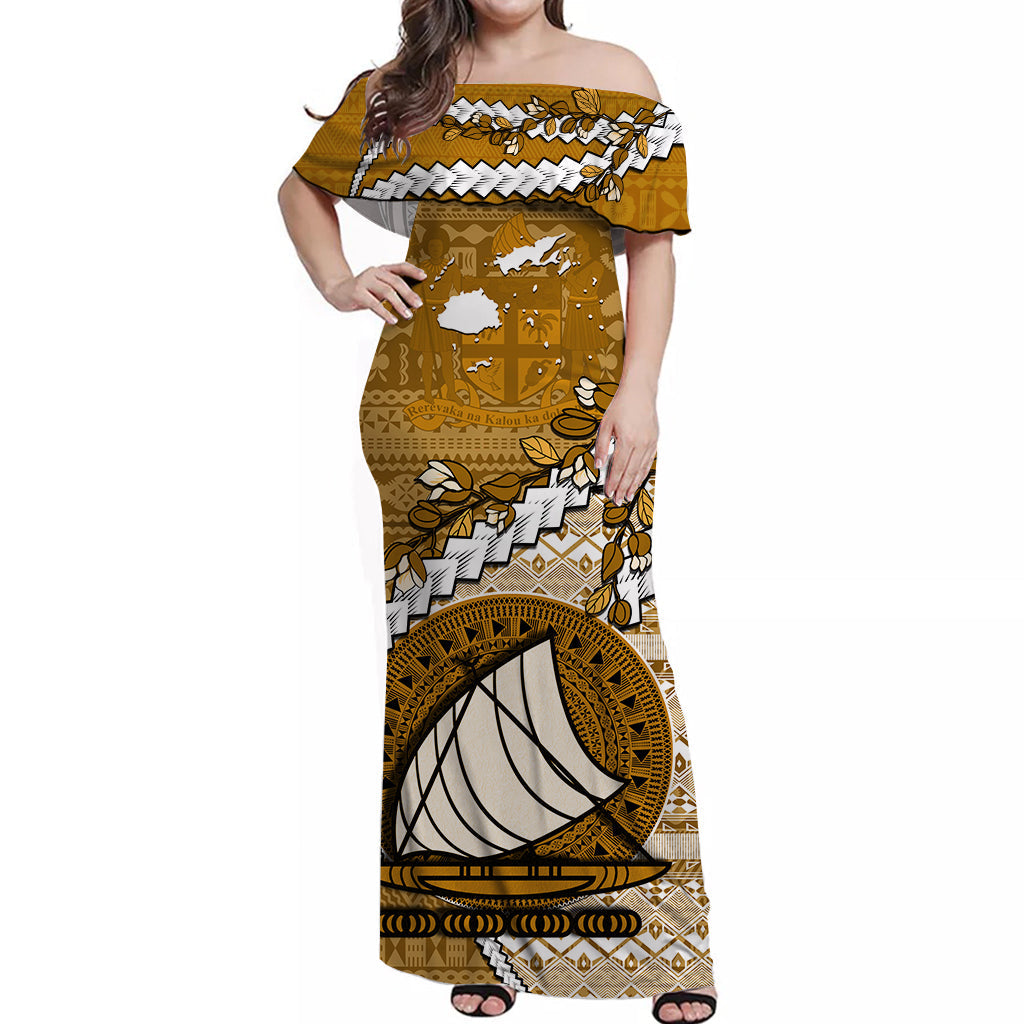 Fiji Off Shoulder Long Dress Fijian Drua Mix Tagimaucia Flower Orange Style LT14 Women Orange - Polynesian Pride