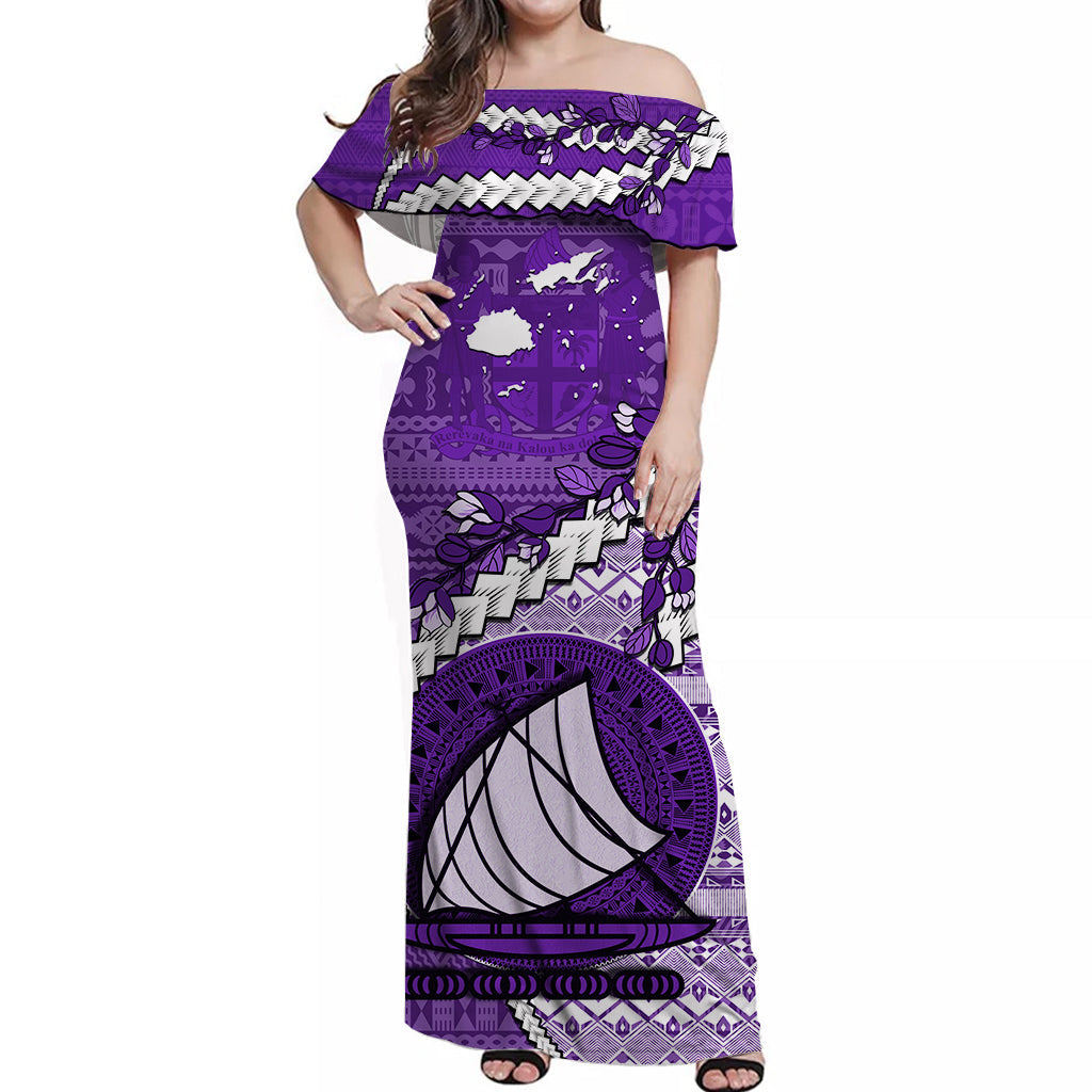 Fiji Off Shoulder Long Dress Fijian Drua Mix Tagimaucia Flower Purple Style LT14 Women Purple - Polynesian Pride