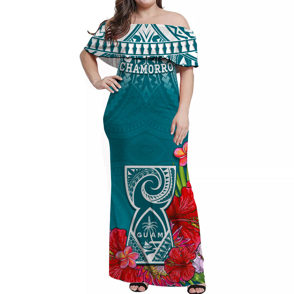 (Custom Personalised) Guam Chamorro Off Shoulder Long Dress Guaman Latte Stone Tropical Flowers Turquoise Version LT14 Women Turquoise - Polynesian Pride