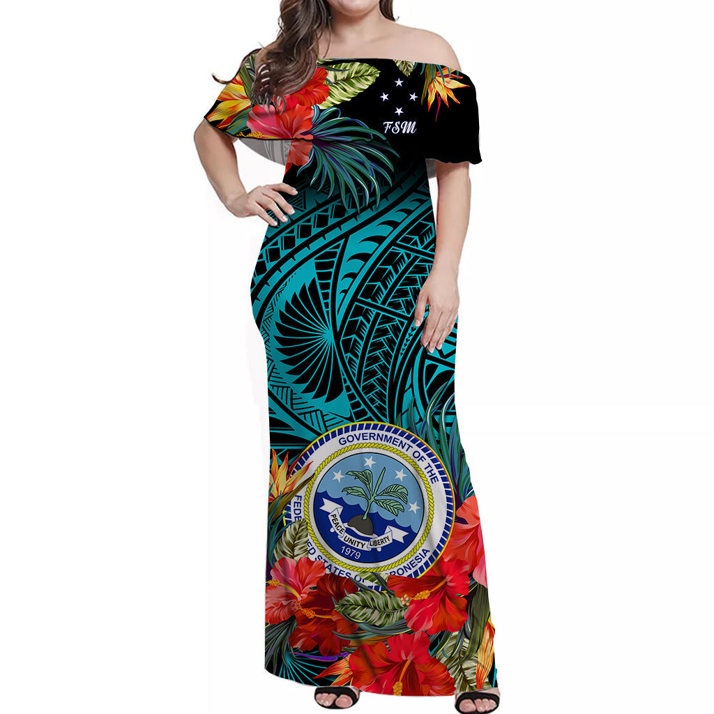 Federated States of Micronesia Off Shoulder Long Dress Hibiscus Flowers FSM Seal Polynesian Ver.03 LT14 Women Turquosie - Polynesian Pride