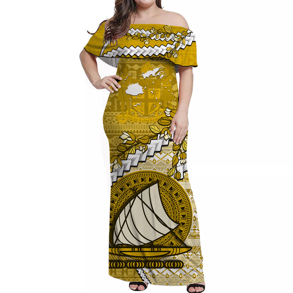 Fiji Off Shoulder Long Dress Fijian Drua Mix Tagimaucia Flower Yellow Style LT14 Women Yellow - Polynesian Pride