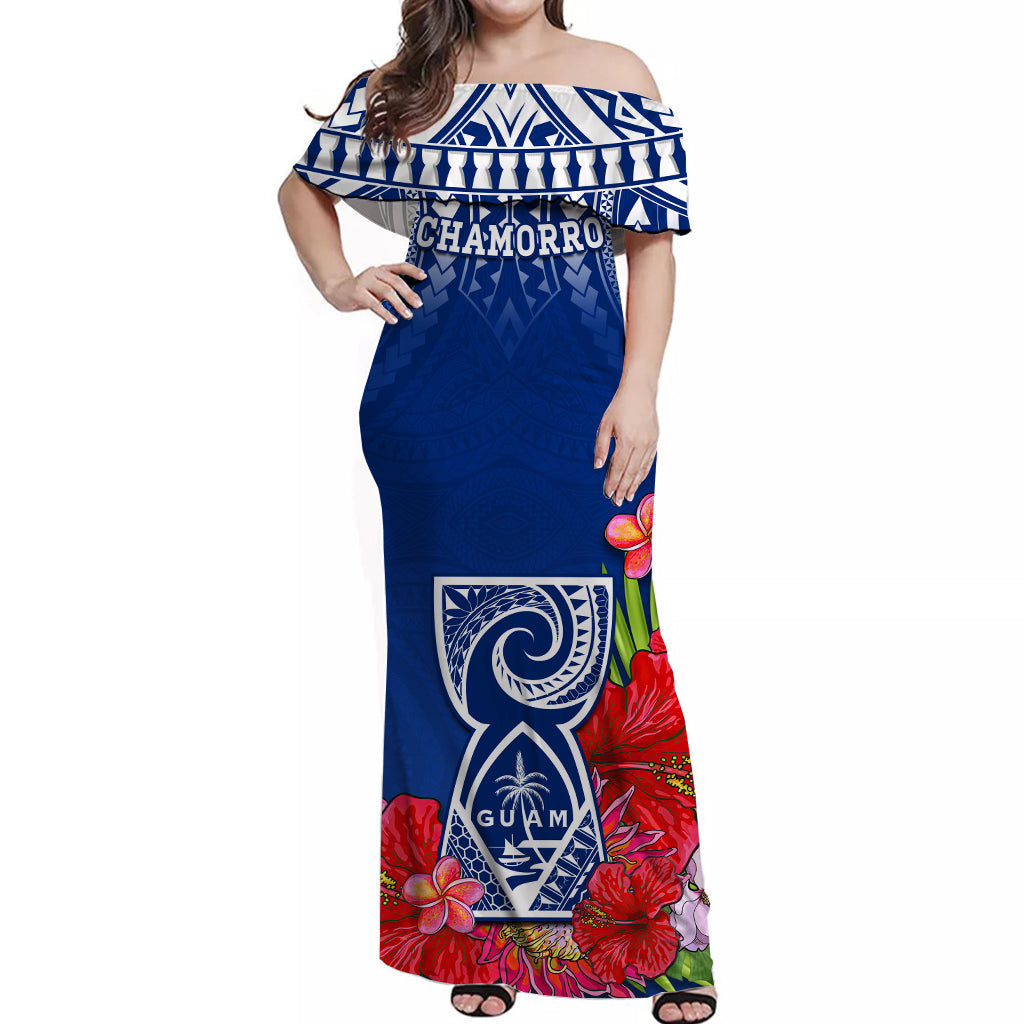 (Custom Personalised) Guam Chamorro Off Shoulder Long Dress Guaman Latte Stone Tropical Flowers Blue Version LT14 Women Blue - Polynesian Pride