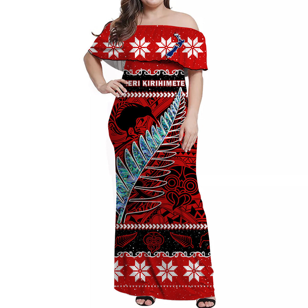 (Custom Personalised) New Zealand Christmas Off Shoulder Long Dress Paua Shell Silver Fern Meri Kirihimete LT14 Women Red - Polynesian Pride