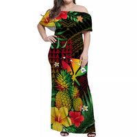 (Custom Personalised) Hawaii Off Shoulder Long Dress Pineapple Mix Kakau Reggae Kanaka LT14 Women Reggae - Polynesian Pride