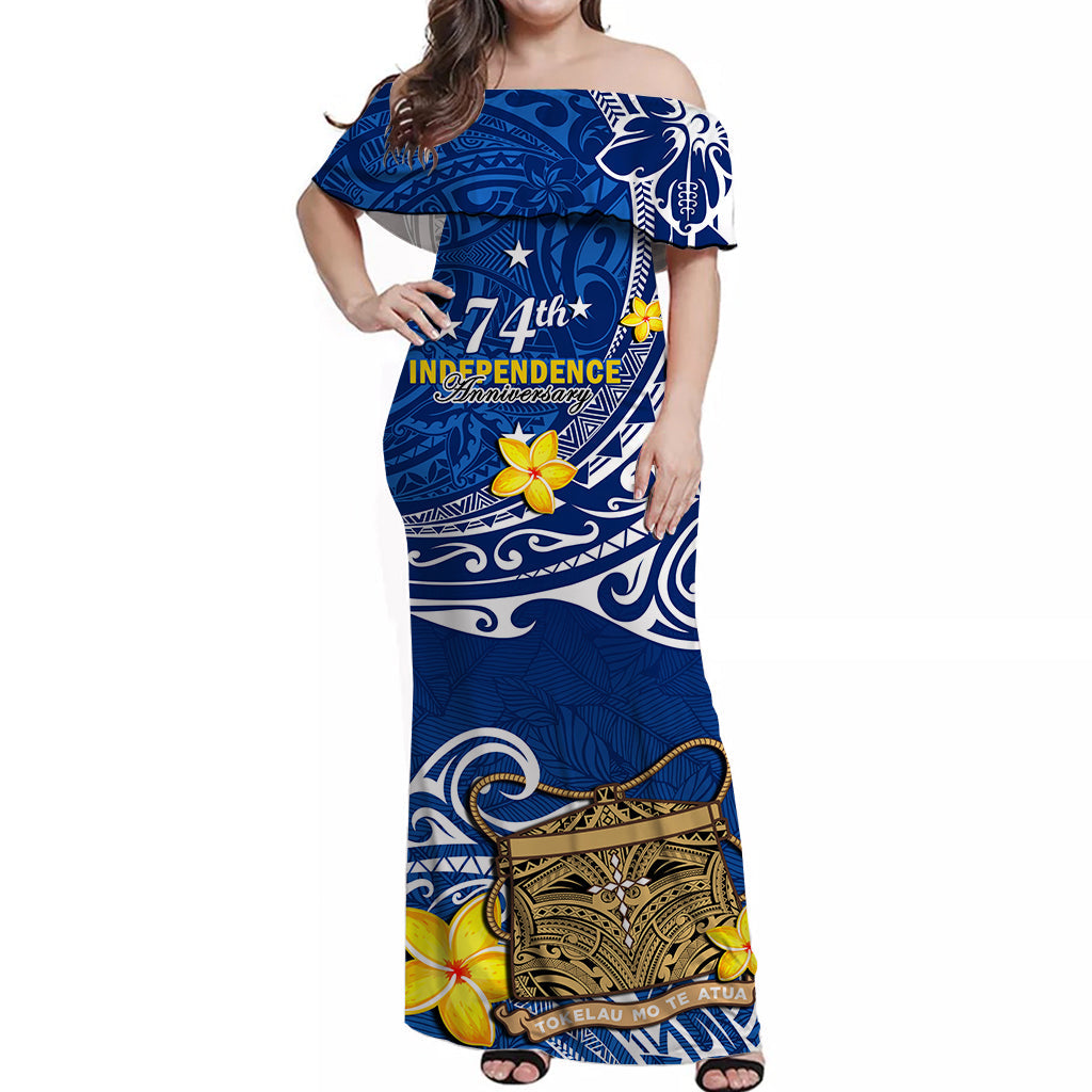 (Custom Personalised) Tokelau Off Shoulder Long Dress National Badge Polynesian Happy 74th Independence Anniversary LT14 Women Blue - Polynesian Pride