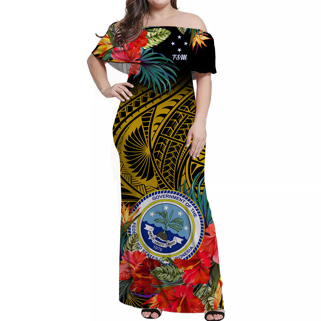 (Custom Personalised) Federated States of Micronesia Off Shoulder Long Dress Hibiscus Flowers FSM Seal Polynesian Ver.06 LT14 Women Gold - Polynesian Pride