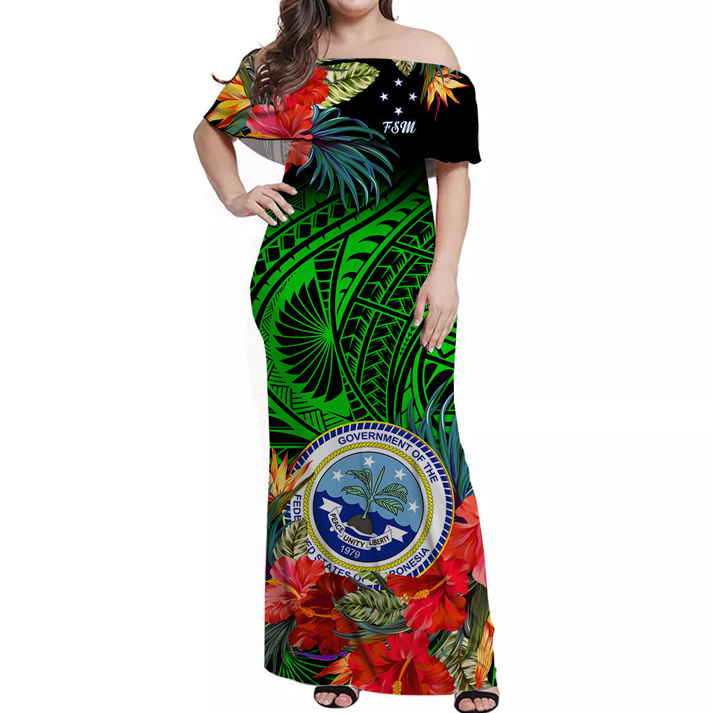 Federated States of Micronesia Off Shoulder Long Dress Hibiscus Flowers FSM Seal Polynesian Ver.02 LT14 Women Green - Polynesian Pride