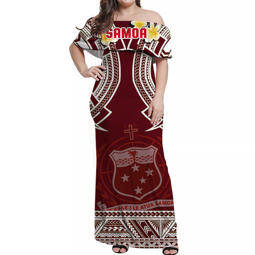 (Custom Personalised) Samoa Off Shoulder Long Dress Samoan Plumeria Flowers Mix Polynesian Pattern Ver.04 LT14 Women Red - Polynesian Pride