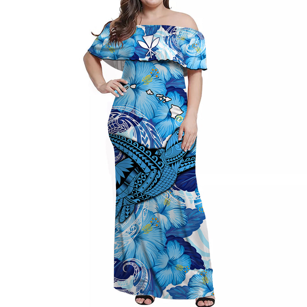 (Custom Personalised) Hawaii Off Shoulder Long Dress Blue Polynesian Turtle and Hibiscus LT13 Women Blue - Polynesian Pride