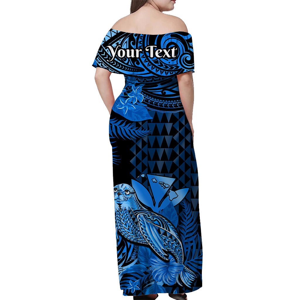 (Custom Personalised) Hawaii Monk Seal Off Shoulder Long Dress Kakau With Kanaka Blue LT14 - Polynesian Pride