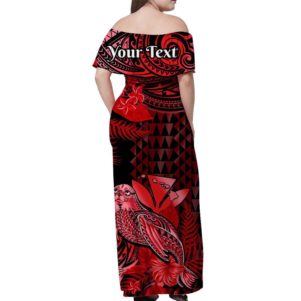 (Custom Personalised) Hawaii Monk Seal Off Shoulder Long Dress Kakau With Kanaka Red LT14 - Polynesian Pride