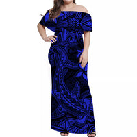 Polynesian Off Shoulder Long Dress Blue Hawaiian Tribal Hammerhead Shark LT14 Women Blue - Polynesian Pride