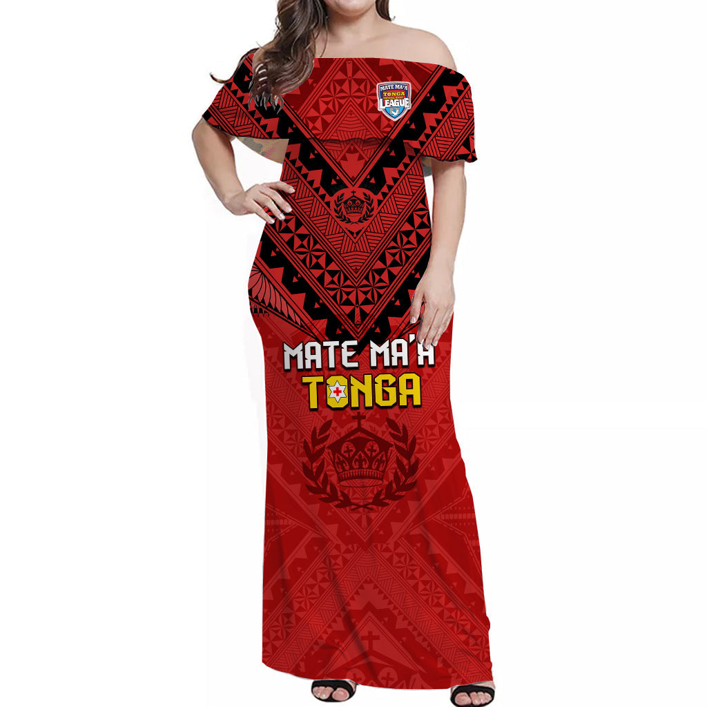 (Custom Personalised) Tonga Rugby MMT Off Shoulder Long Dress Ngatu Mate Maa Tonga Simple LT13 Women Red - Polynesian Pride