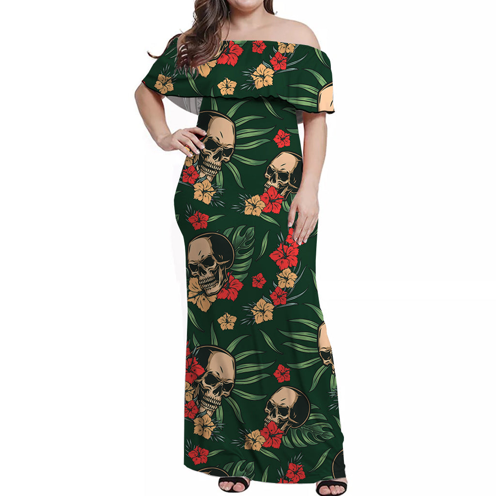 Hawaii Off Shoulder Long Dress Green Skulls with Monstera Leaves LT13 Women Green - Polynesian Pride